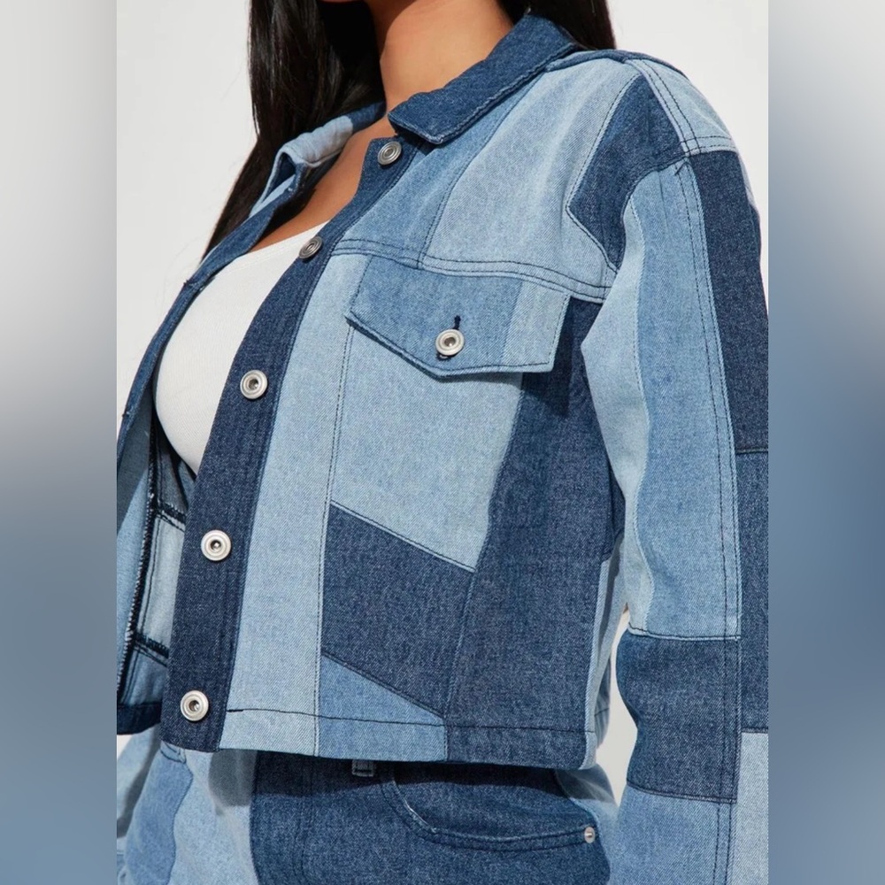 Fashion Nova Hey Girl Patchwork Denim Cropped & Jacket Straight Leg Jeans 14 XL - Picture 4 of 11